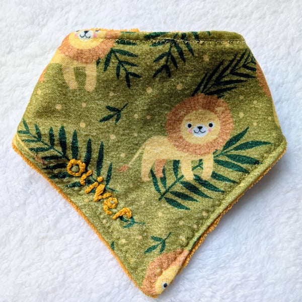 Personalised Lion Baby Dribble Bib, Hand-Embroidered Name, Free Postage