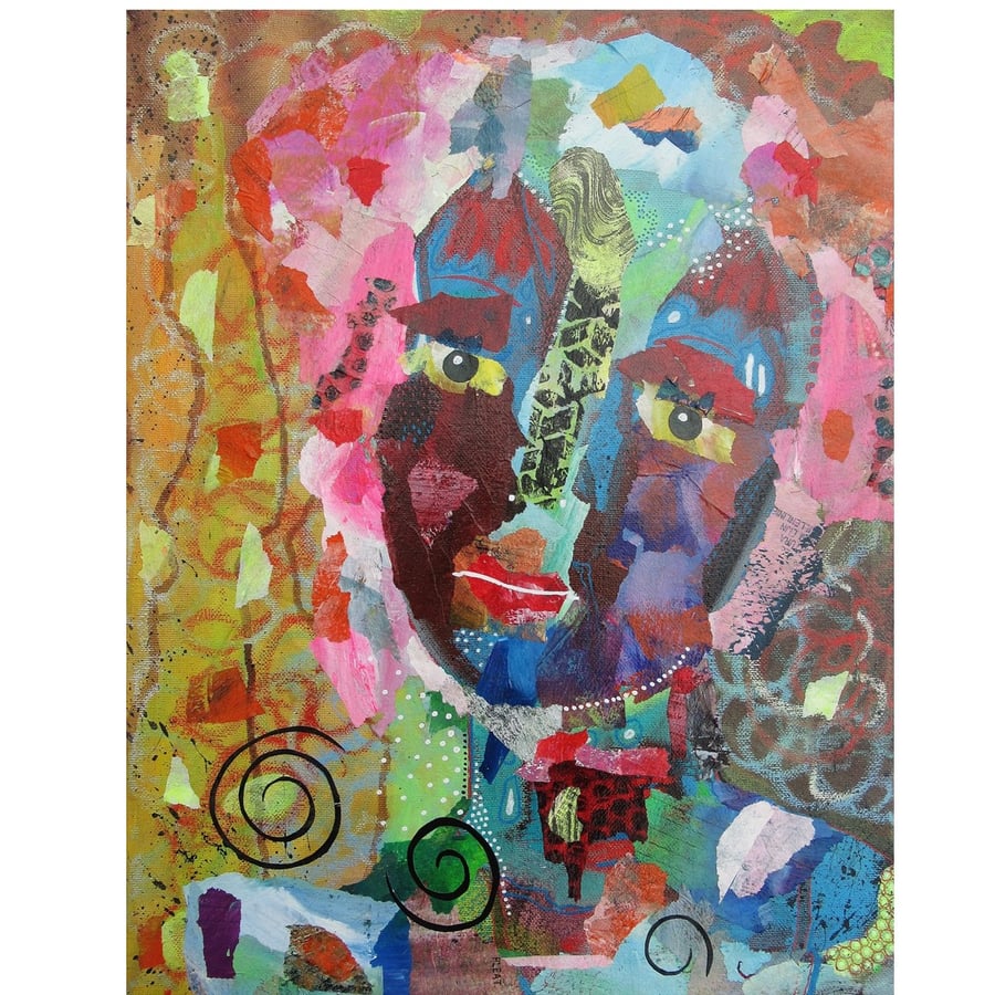 Abstract Face Painting Collage Mixed Media Art Brut Artwork