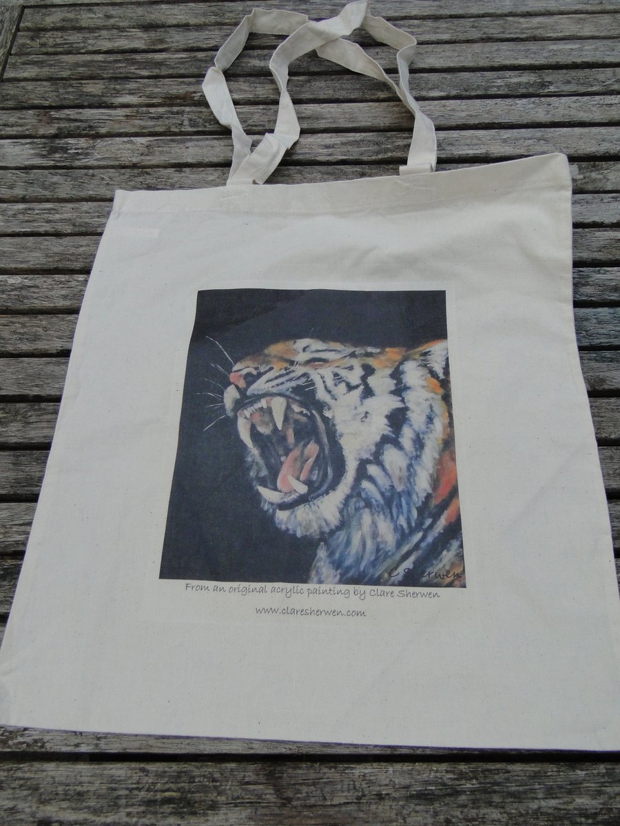Sale Tiger Roar Transfer Print Cream Tote Shopping Bag