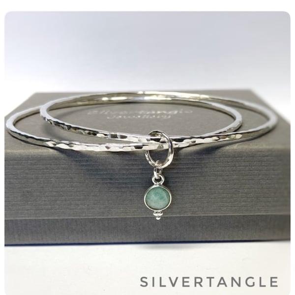 Hallmarked Double Sterling Silver Bangle with Amazonite Charm 