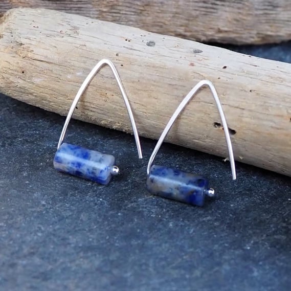 Blue Sodalite Triangle Silver Drop Earrings, Simple Minimalist Earrings