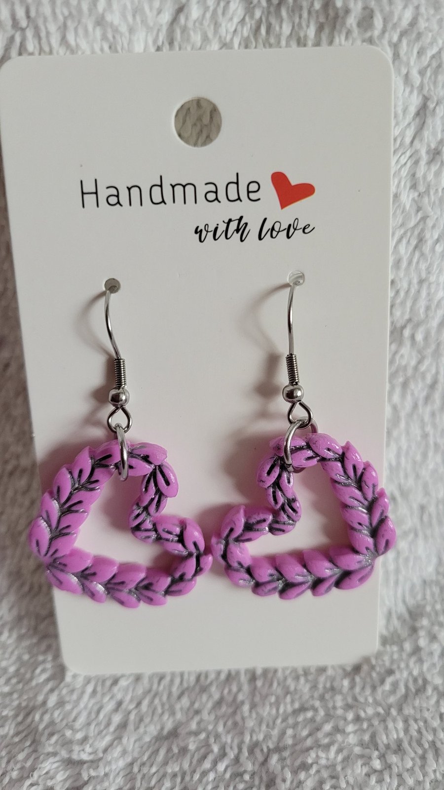 Handmade Polymer Clay Pink and Silver Heart Wreath Earrings, 316 Stainless Steel