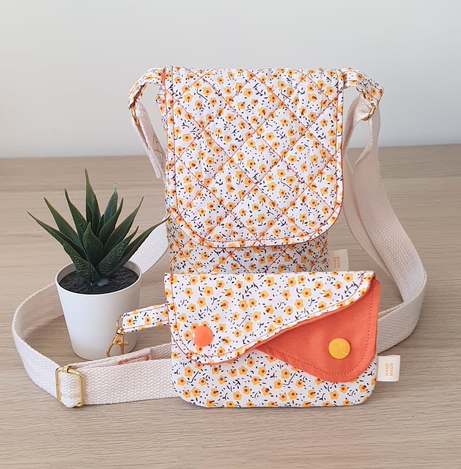 Handmade Quilted Floral Phone Bag and Matching Coin Purse Set – Orange & Yellow