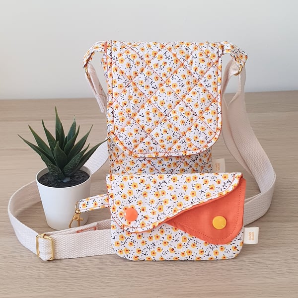 Handmade Quilted Floral Phone Bag and Matching Coin Purse Set – Orange & Yellow
