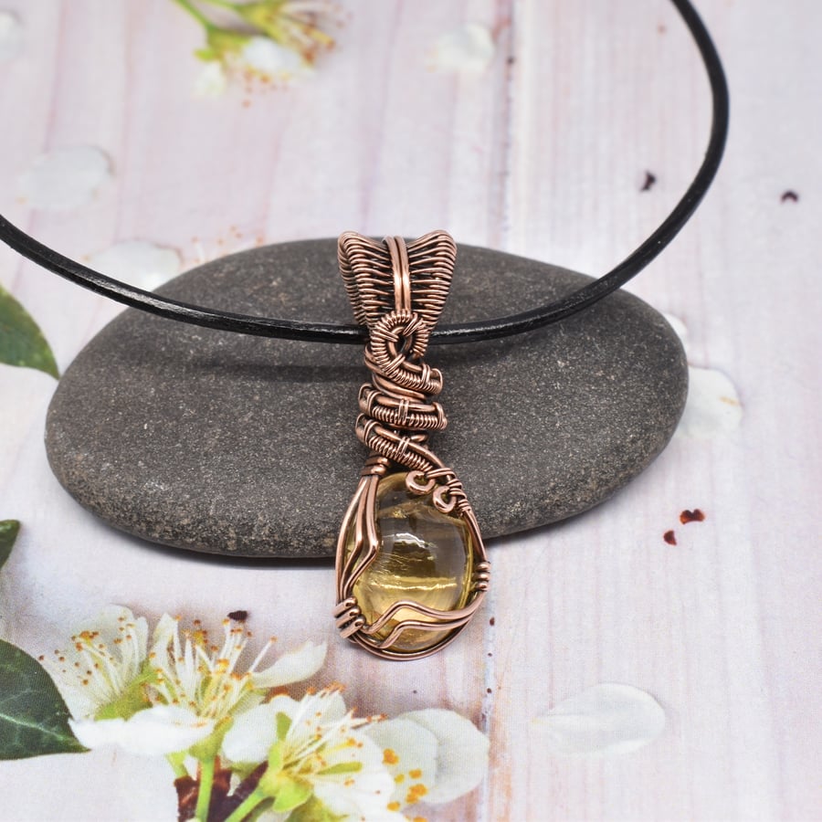 Citrine and Copper Dainty Wire Wrapped One od a Kind Pendant