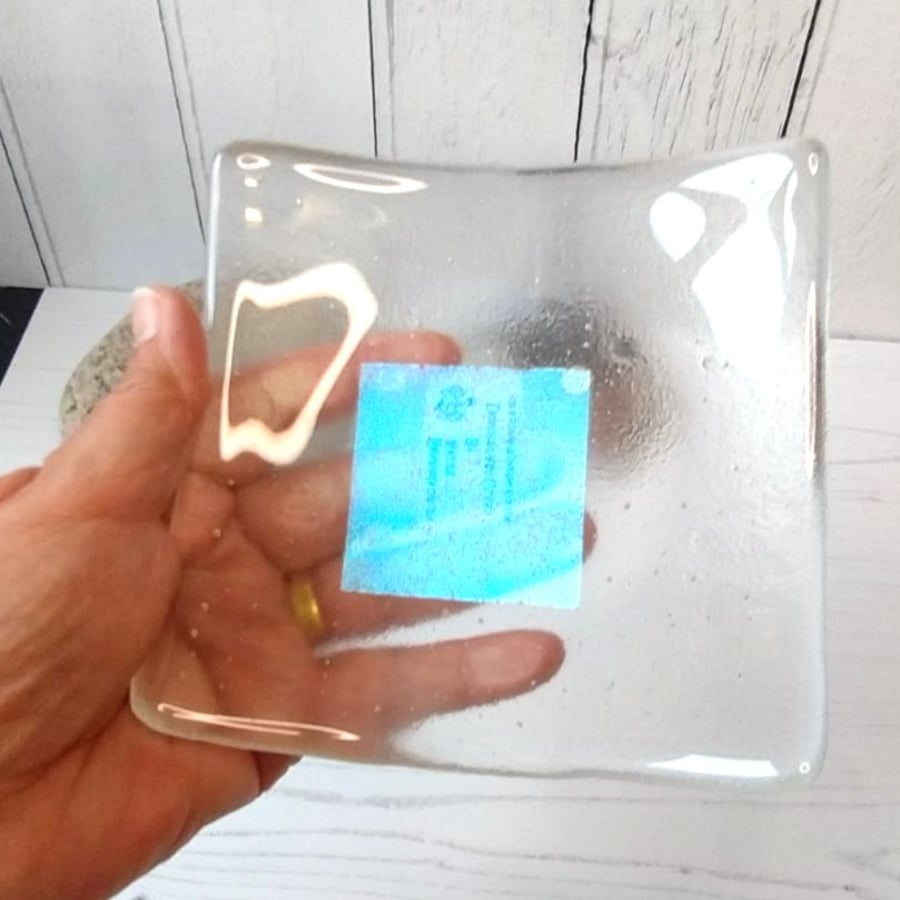 Teal and Salmon Dichroic and clear glass bowl