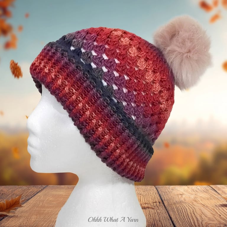 Crochet hat, beanie. Multi coloured granny stitch pom pom hat. Beanie hat.