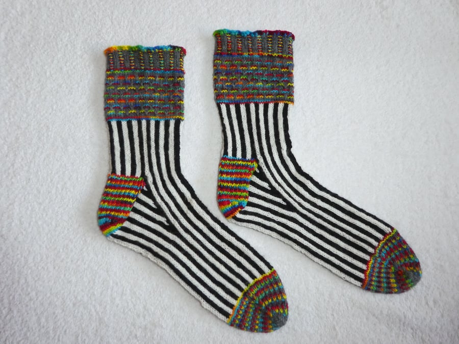 Hand Knit Socks UK Size 4 -5. Black and White Stripe Socks. Wool Socks