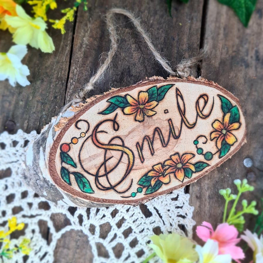 Pyrography wood plaque 'Smile'