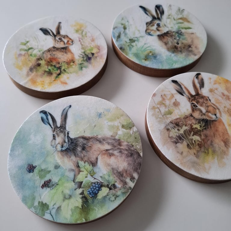 Hare Coasters Set of Four, Gift for Hares and Tea Lovers