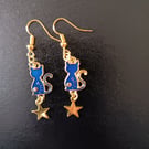 Celestial dark blue and gold cat and star dangle earrings (sun pattern)