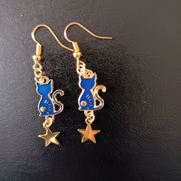 Celestial dark blue and gold cat and star dangle earrings (sun pattern)
