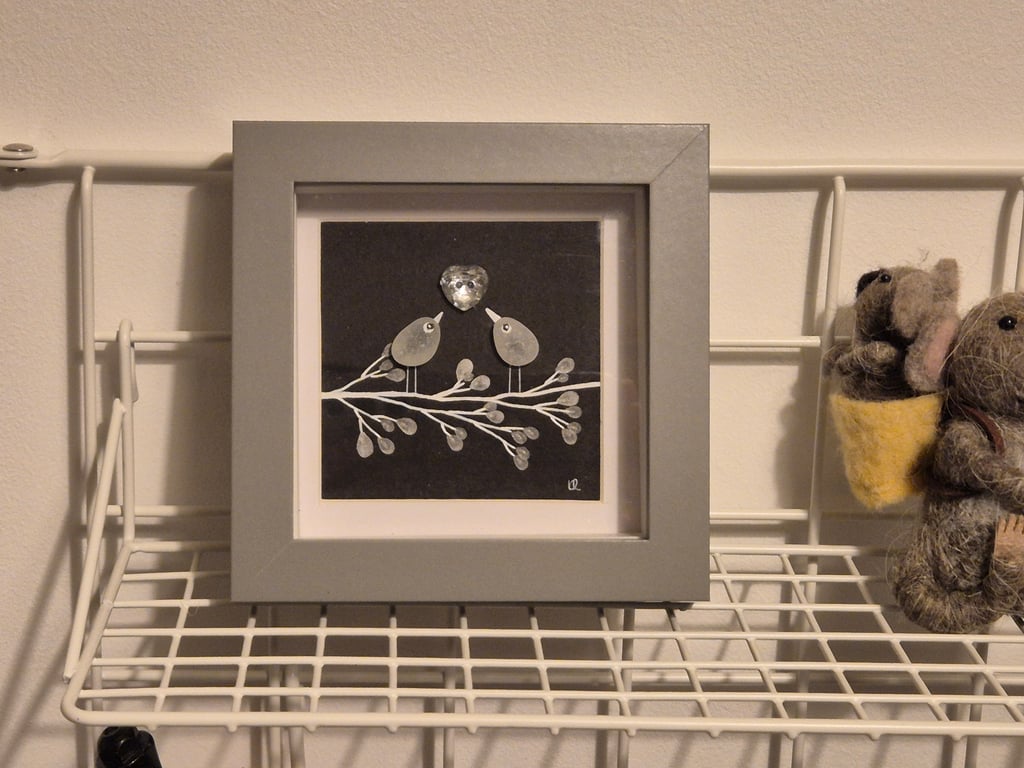 Cute little valentines, wedding gift seaham sea glass love birds handmade 