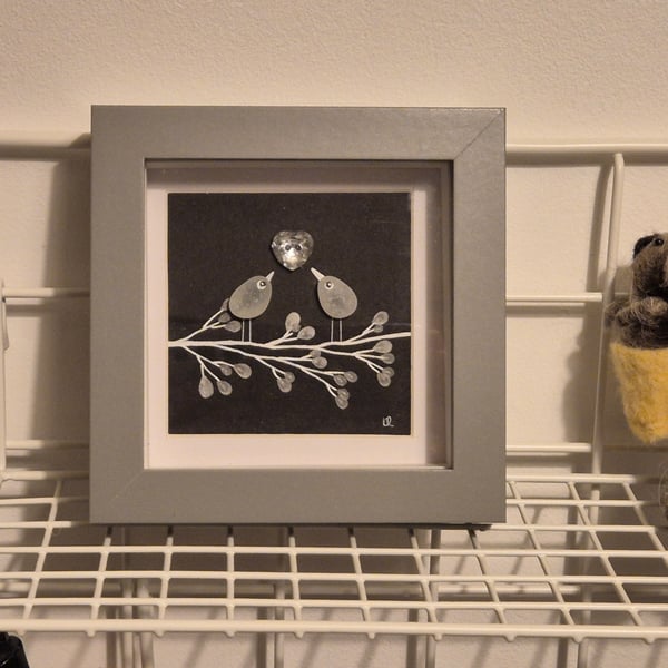 Cute little valentines, wedding gift seaham sea glass love birds handmade 