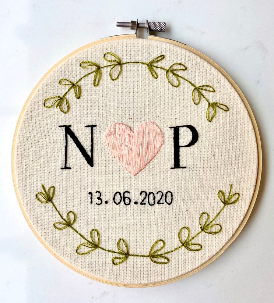 Initials & Date Handmade Embroidery Hoop with Heart & Foliage Detailing