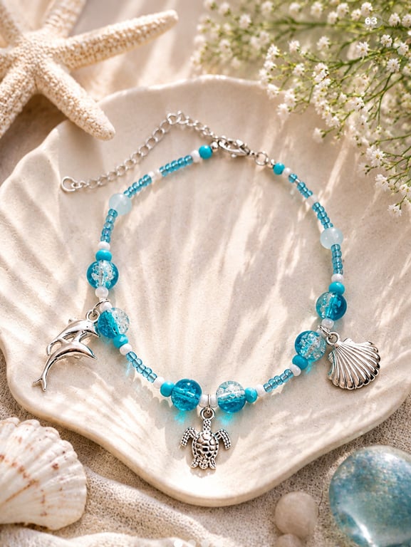 Ocean-inspired Beaded Anklet with Sea Charms 