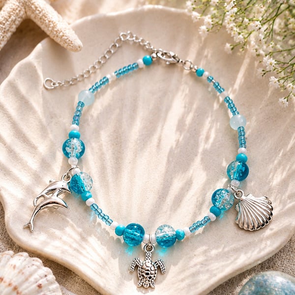 Ocean-inspired Beaded Anklet with Sea Charms 