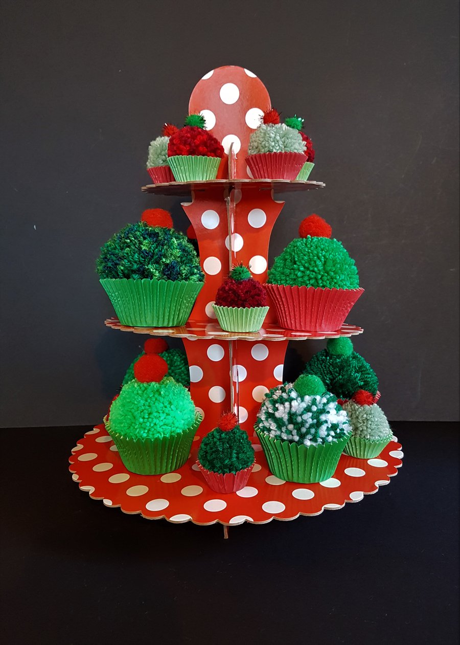 Cupcake Stand with Pom Pom Cup Cakes