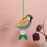 Hanging Wooden House Sparrow Bird Decoration - Hand Painted
