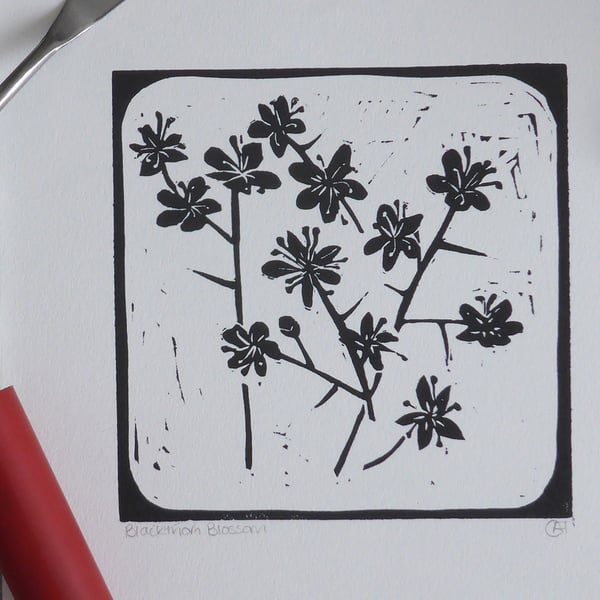 Original lino cut print of Blackthorn Blossom flower