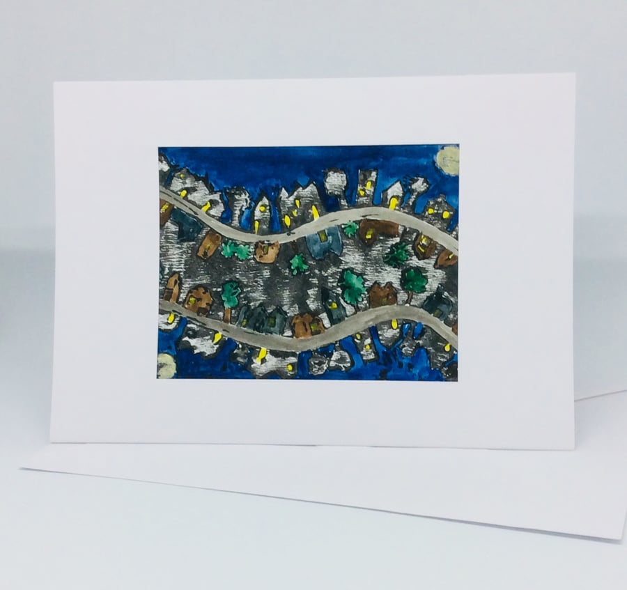 Card, printed and painted original art, nighttime streets 