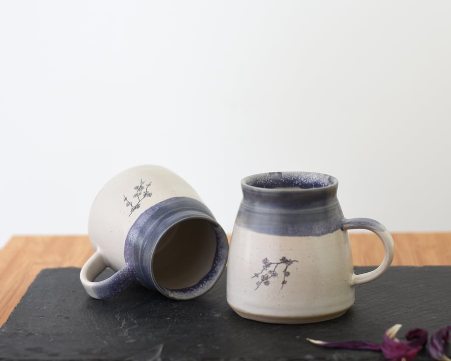Ceramic mug with roses - handmade blue and white illustrated pottery