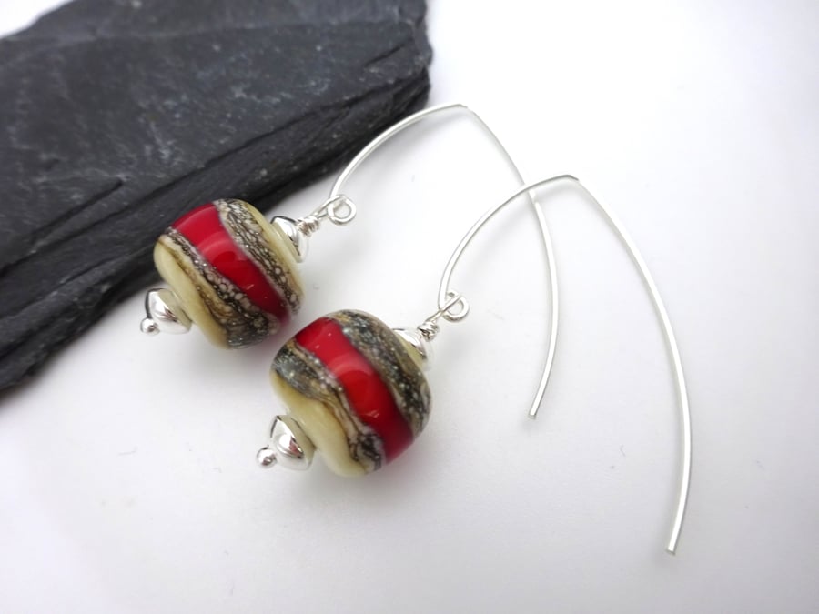 red and ivory lampwork glass earrings