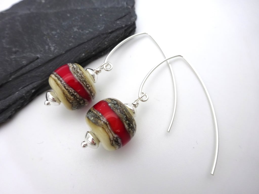 red and ivory lampwork glass earrings