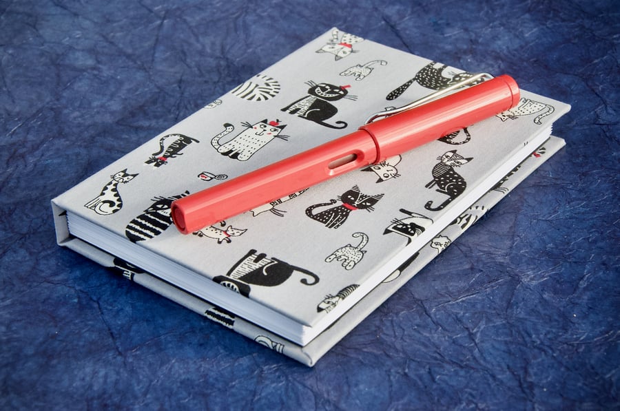 A6 Hardback Notebook with fun cat-covered fabric cover