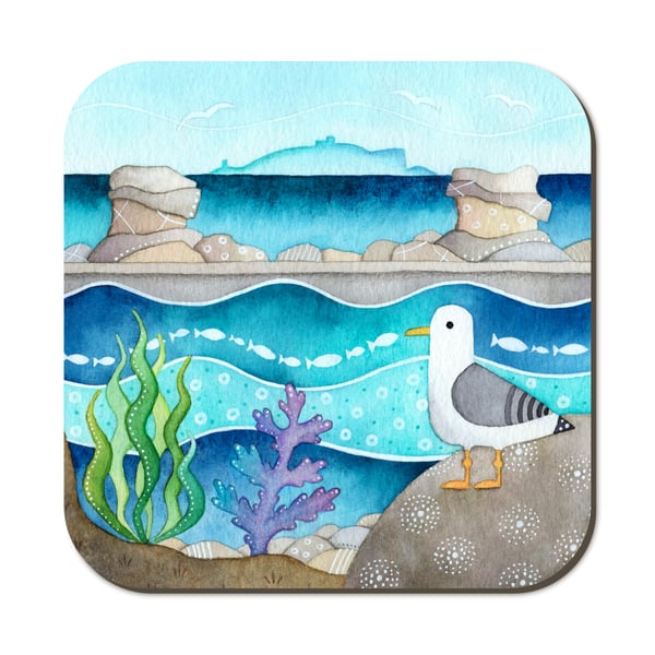 Seagull Coaster. Cute Seaside Watercolour Painting. East Neuk of Fife, Scotland