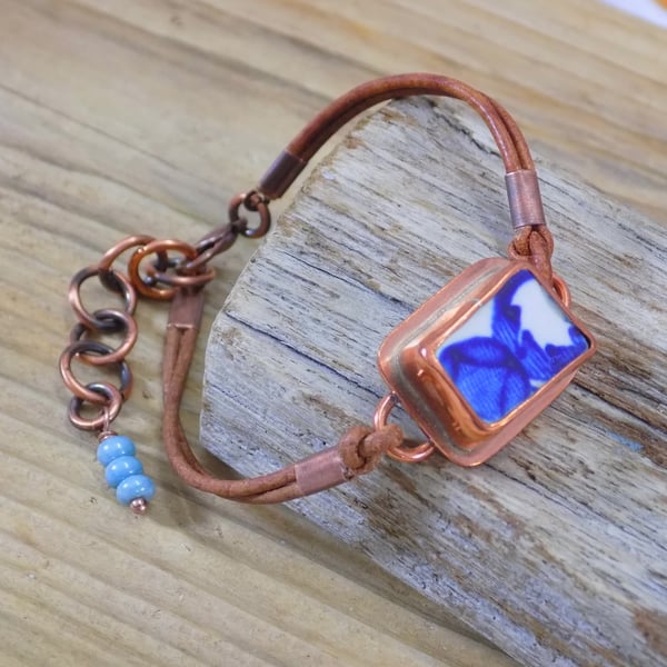 Copper bezel set pottery boho leather bracelet 