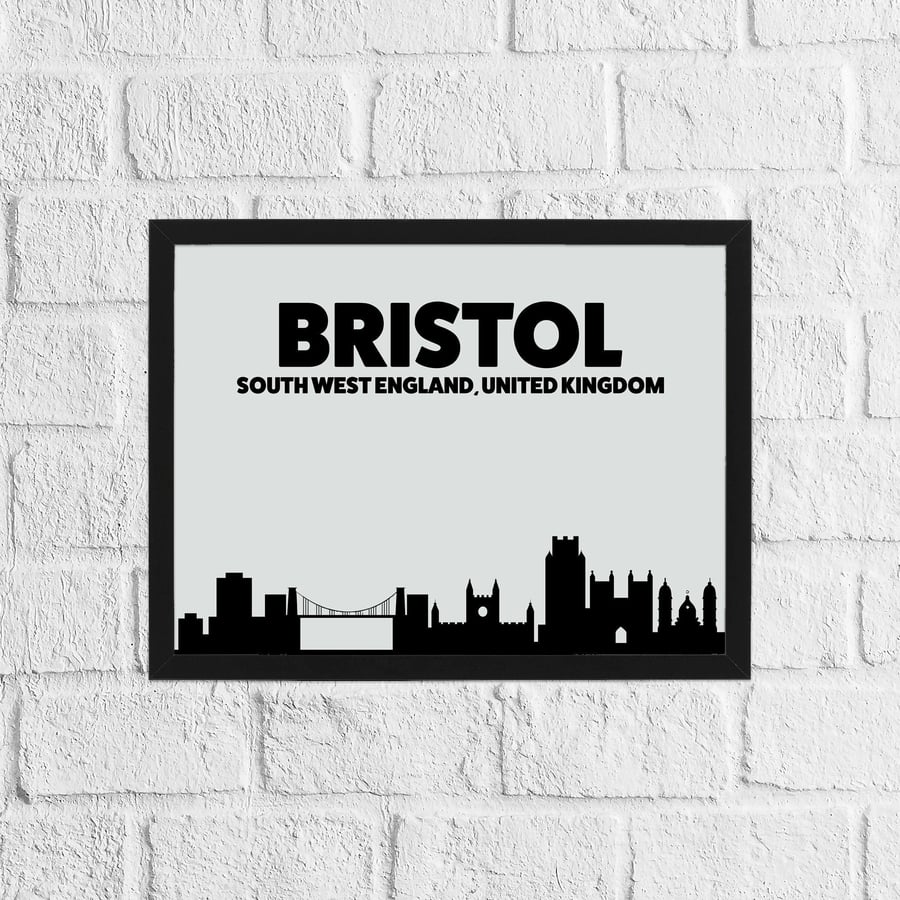 Skyline silhouette of Bristol, South West England, UK, grey and black print