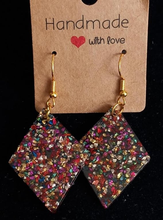 Dangle drop Earrings, Diamond shape earrings, Rainbow coloured resin earrings
