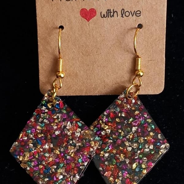 Dangle drop Earrings, Diamond shape earrings, Rainbow coloured resin earrings