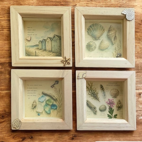 Set of Four Mini Coastal Shadow Box Frame, Handmade Seaside Wall Art