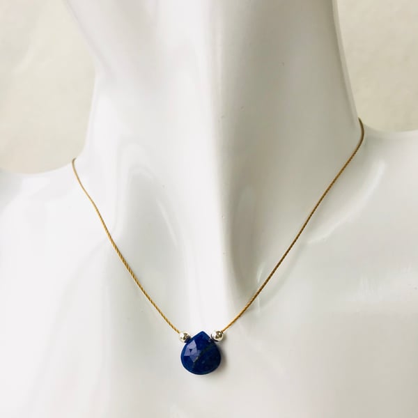Lapiz Lazuli Ocean blue gemstone and sterling silver bead fine cord necklace 