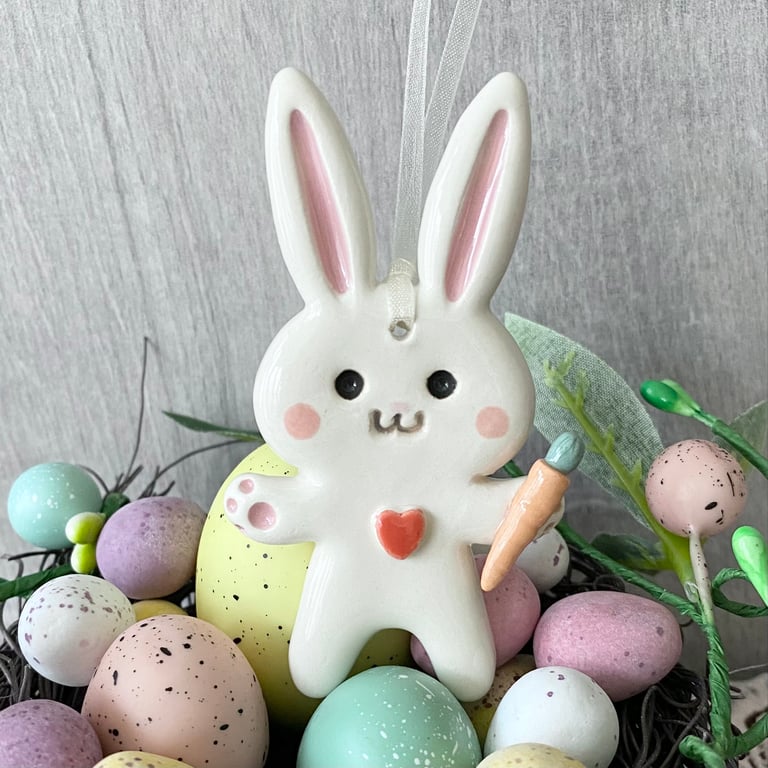 Ceramic Easter Bunny decoration with red heart