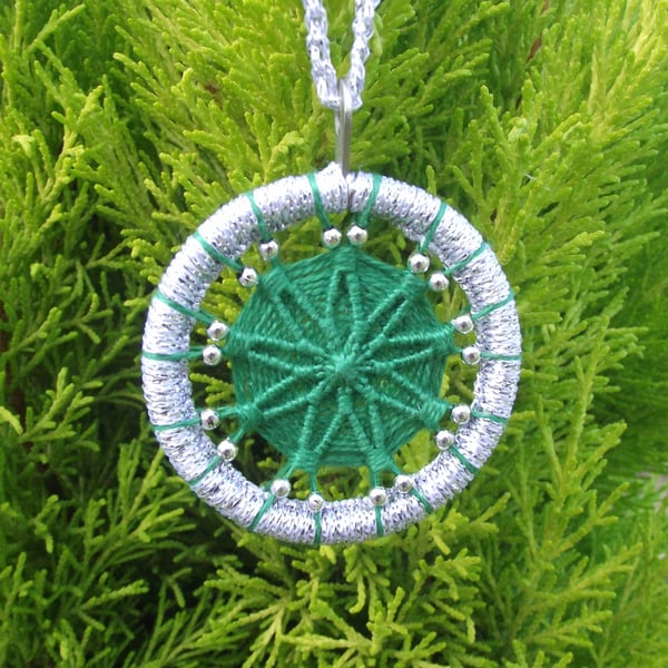 Christmas Decoration, Dorset Button, Green, Silver, Beads, Handmade