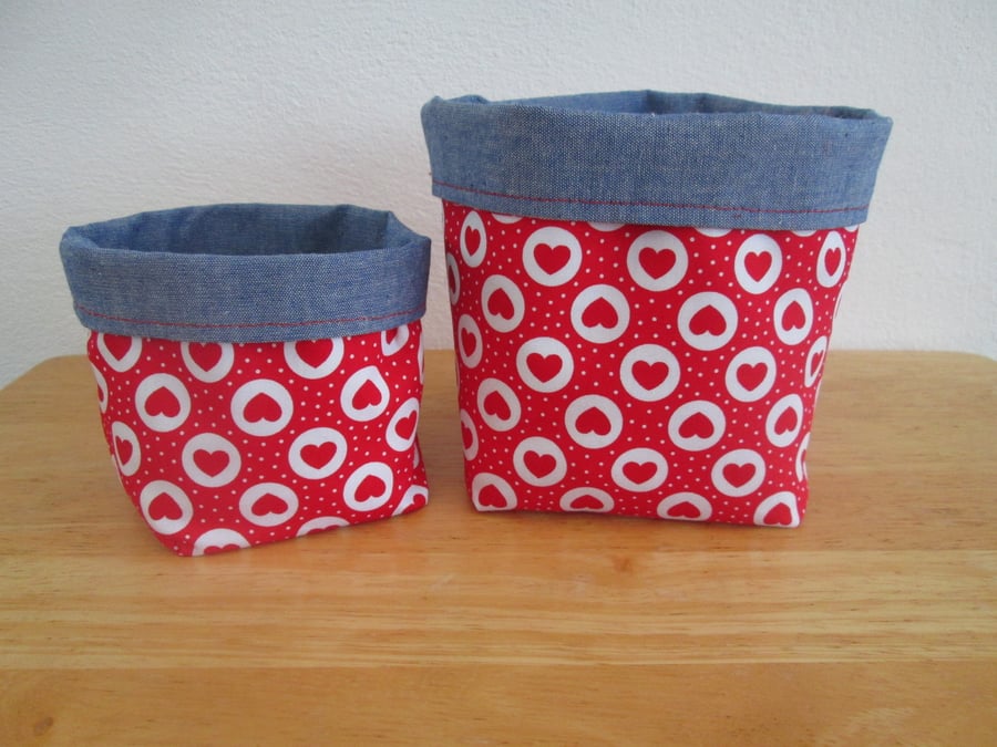 Pair of Heart print Fabric Storage Pot Baskets with Blue Chambray, reversible  