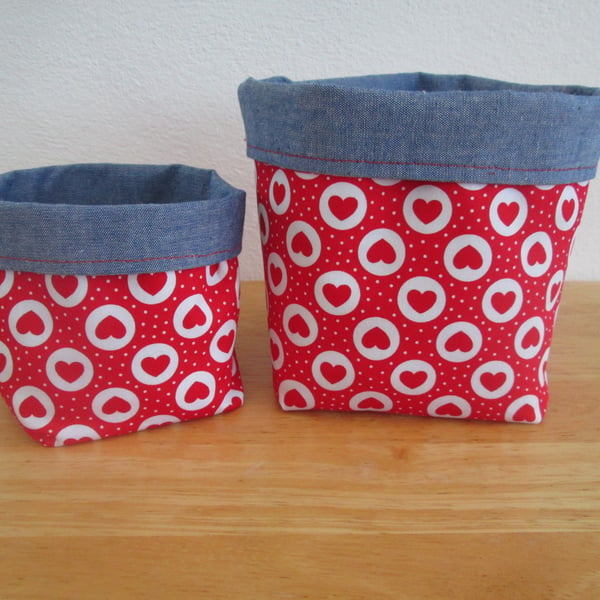 Pair of Heart print Fabric Storage Pot Baskets with Blue Chambray, reversible  