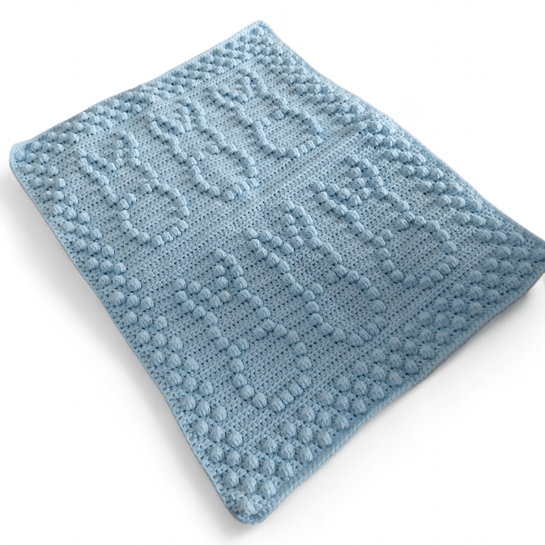 Blue Crocheted Baby Blanket with Bunnies, Pram Blanket, Nursery Bedding