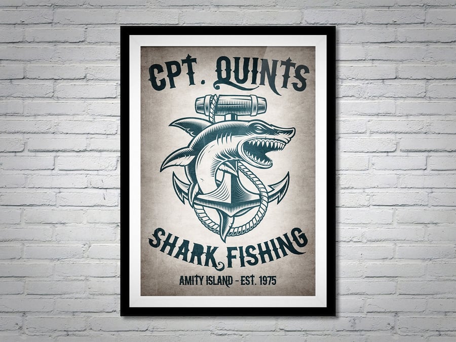Jaws Captain Quint Shark Fishing Orca Movie Poster Print Wall Art Gift