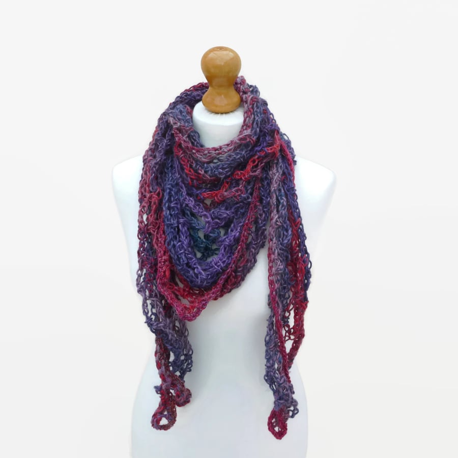 Trellis Crochet Shawl in Purple Pink Red Gradient