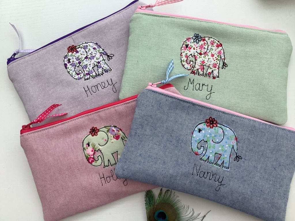 Elephant Personalised Pencil Case - Appliqued Motif Art Pouch- Unique gift