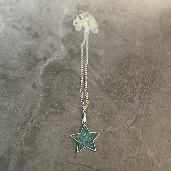 Teal Glitter Star Pendant Cosmic Necklace