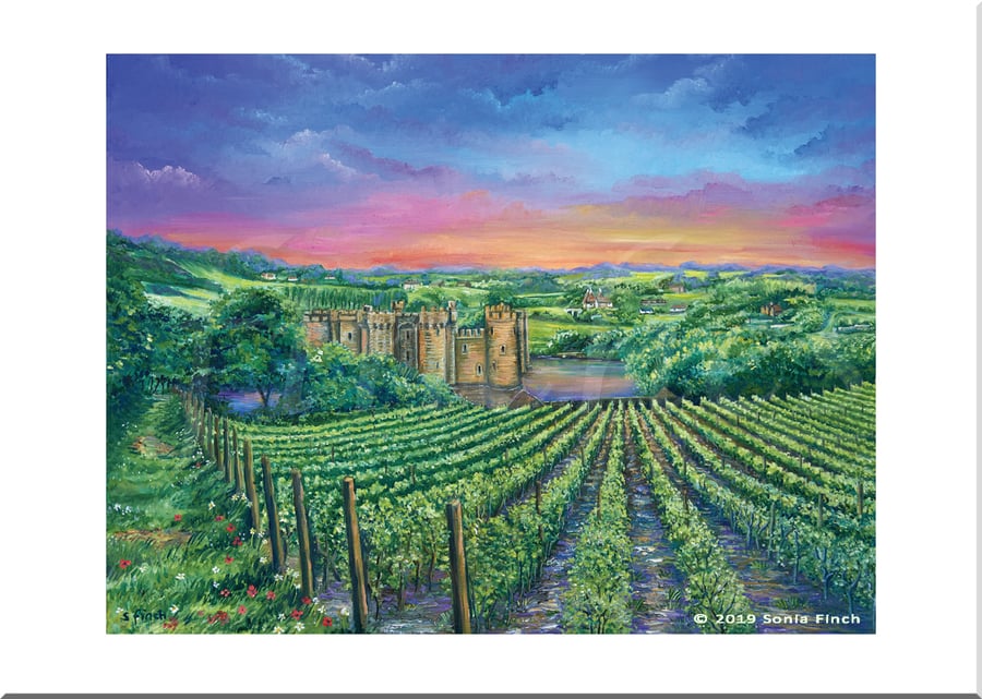 Bodiam Castle from Sedlescombe Vineyard at Dusk - Greeting Card