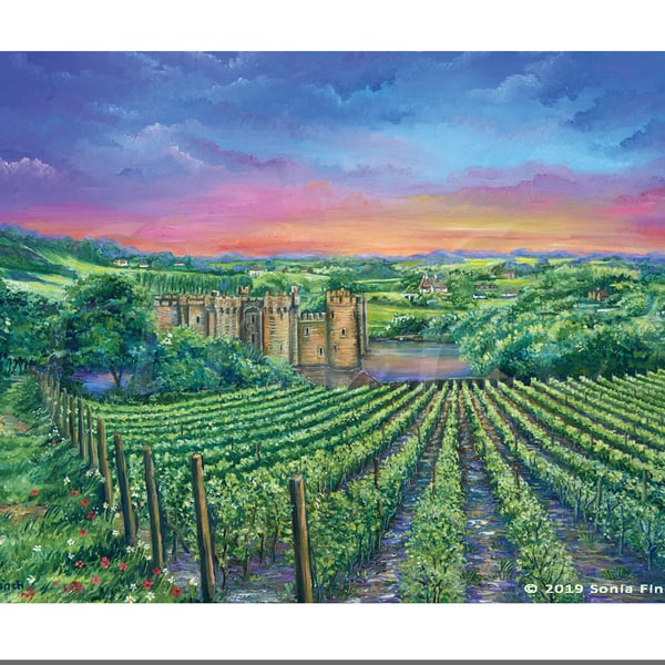 Bodiam Castle from Sedlescombe Vineyard at Dusk - Greeting Card