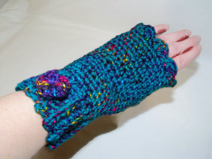 Turquoise flecked acrylic fingerless mittens, crocheted fingerless gloves