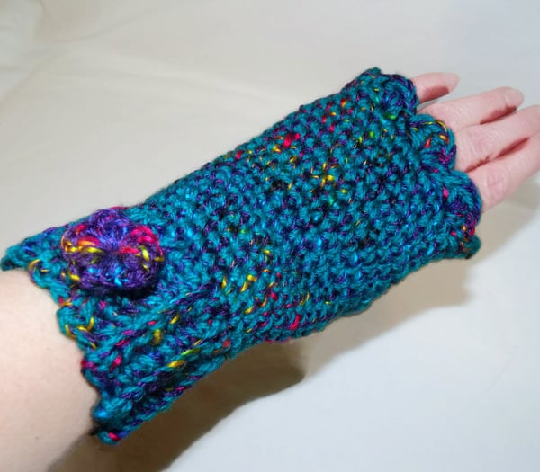 Turquoise flecked acrylic fingerless mittens, crocheted fingerless gloves