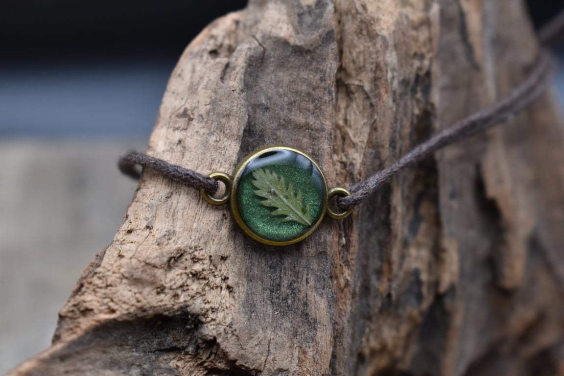 Silverweed Leaf Resin Bracelet on Adjustable Cotton Cord, Gathered in Scotland